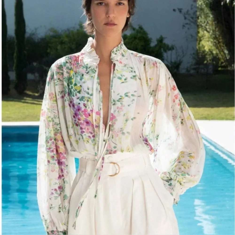 NWT Sabina Musayev Floral Puff Sleeve Tie Top Size S White Multicolor - Picture 1 of 4